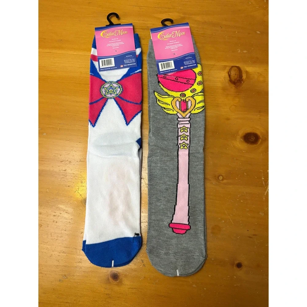 Sailor Moon Crew Socks Bundle 2 Pairs Moon Stick Uniform Bow Anime Pink Blue